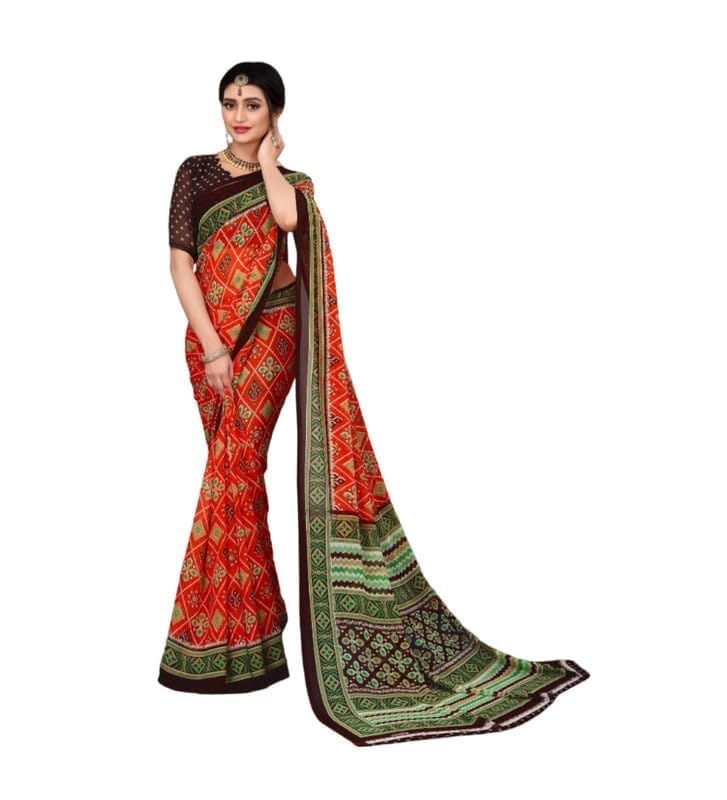 Women's Georgette Floral Print Saree With Unstitched Blouse 5.5Mtr (Red)-PID54779