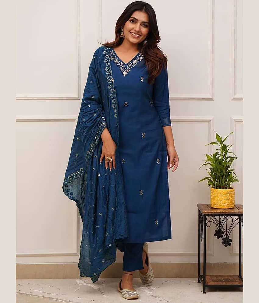 kedar fab Women Cotton Blend Embroidered Straight Kurti With Pants ( Navy Blue )