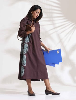 trueBrowns Cola Cotton Print A-line Dress - Brown (2XL)