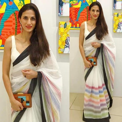Off White colored Party wear Linen Digital Printed Sari 1154