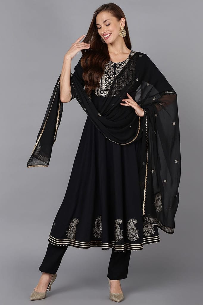 Black Silk Blend Anarkali Yoke Design Kurta Pant With Dupatta VKSKD1782 - Kurtas & Kurta Sets | Buy online on ZillyBuy