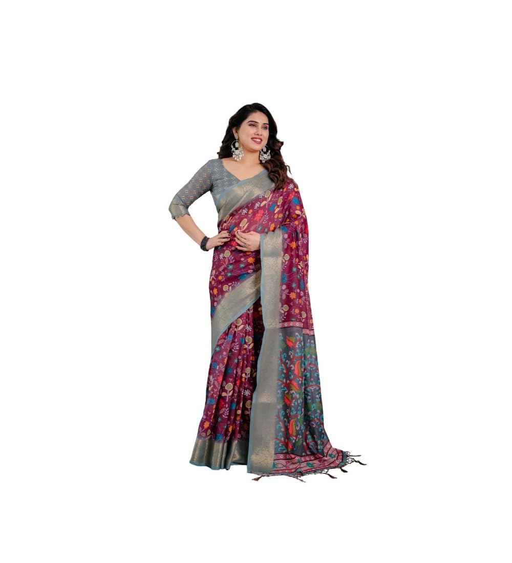 Women's Linen Printed Saree With Unstitched Blouse 5.5Mtr (Purple)-PID63913