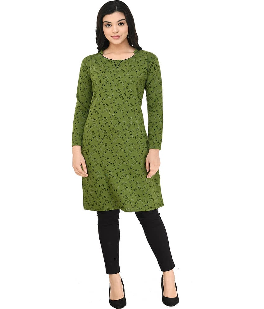 IndiWeaves Woollen Printed Straight Women's Kurti - Green ( Pack of 1 )
