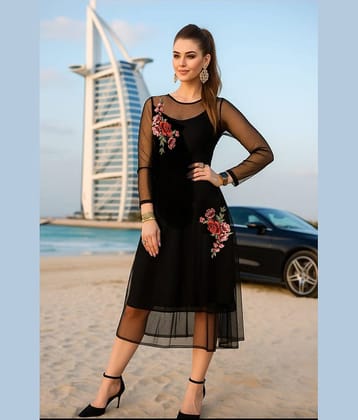 Lihana Women Net Applique A-line Dress ( Black )