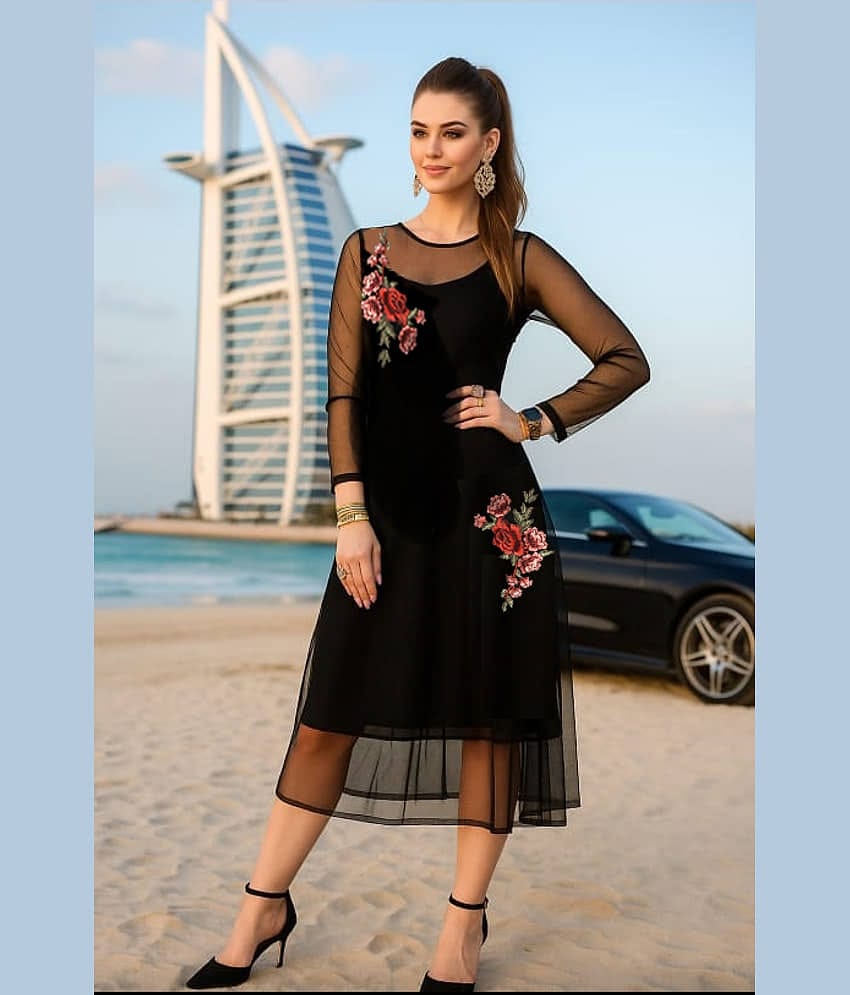 Lihana Women Net Applique A-line Dress ( Black )