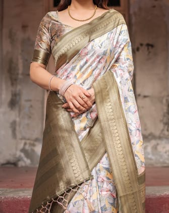 Ivory Banarasi Silk Saree with Gold Zari Border and Multicolor Floral Design-Regular