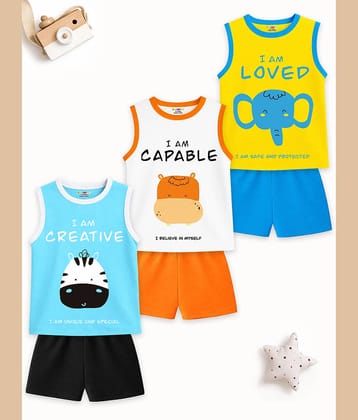 Kuchipoo Boys Cotton Blend T-Shirt & Shorts Set ( Multicolor 1 , Pack of 3 )