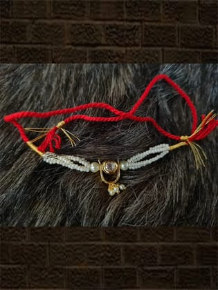 Pearl chain rakhi with kundan in U design tukdi with pearl hangings-Red thread