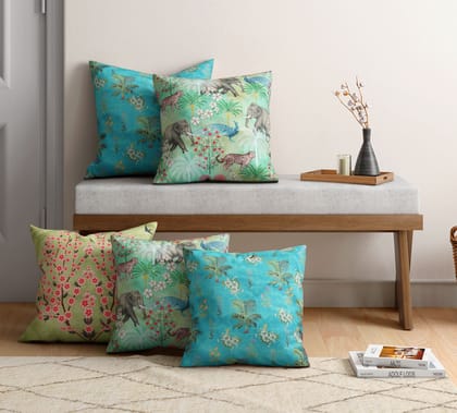 India Circus Bougainvillea Delights - Blended Velvet Cushion Cover Set Of 5 - 12 X 12 Inch