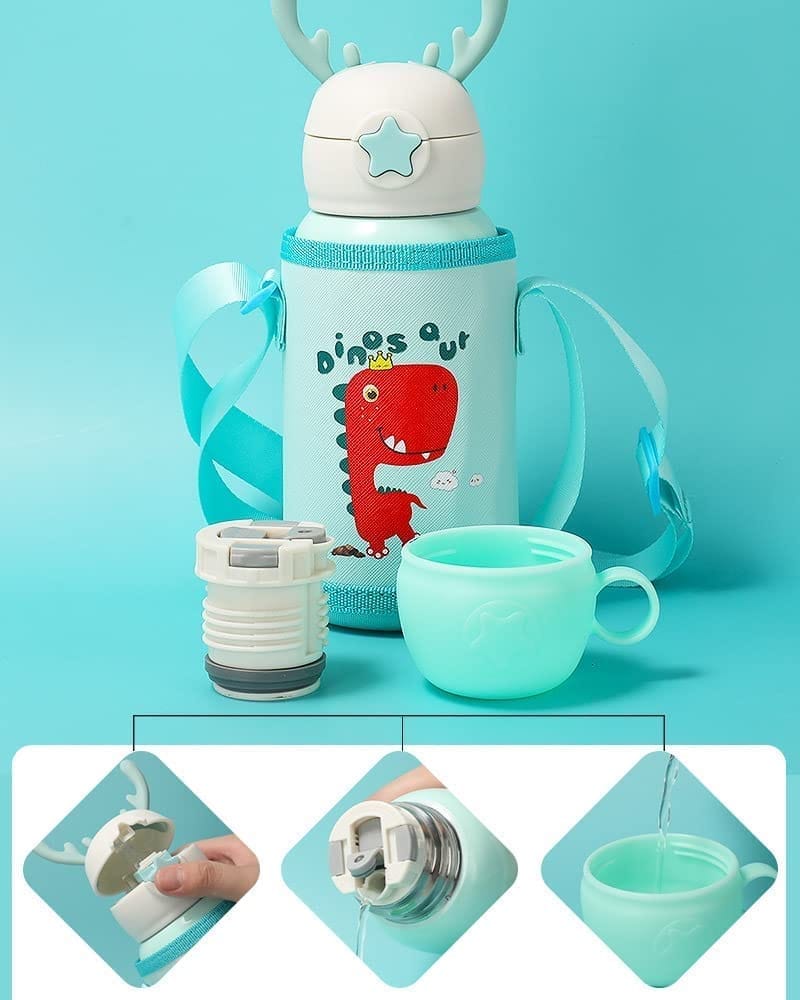 Cartoon Printed Sipper Water Bottle with Straw & Cover for Children - Stainless Steel Flask 500 ML (Blue)