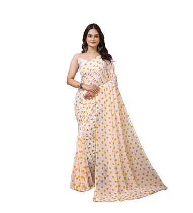 Women's Georgette Printed Saree With Unstitched Blouse 5.5Mtr (White-Yellow)-PID63031