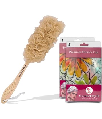 Majestique Bath Care 3Pcs Long Handle Loofah With Shower Cap Ideal For All Hair Color May Vary