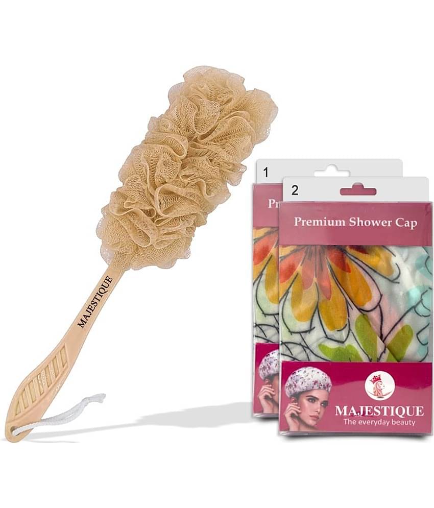 Majestique Bath Care 3Pcs Long Handle Loofah With Shower Cap Ideal For All Hair Color May Vary