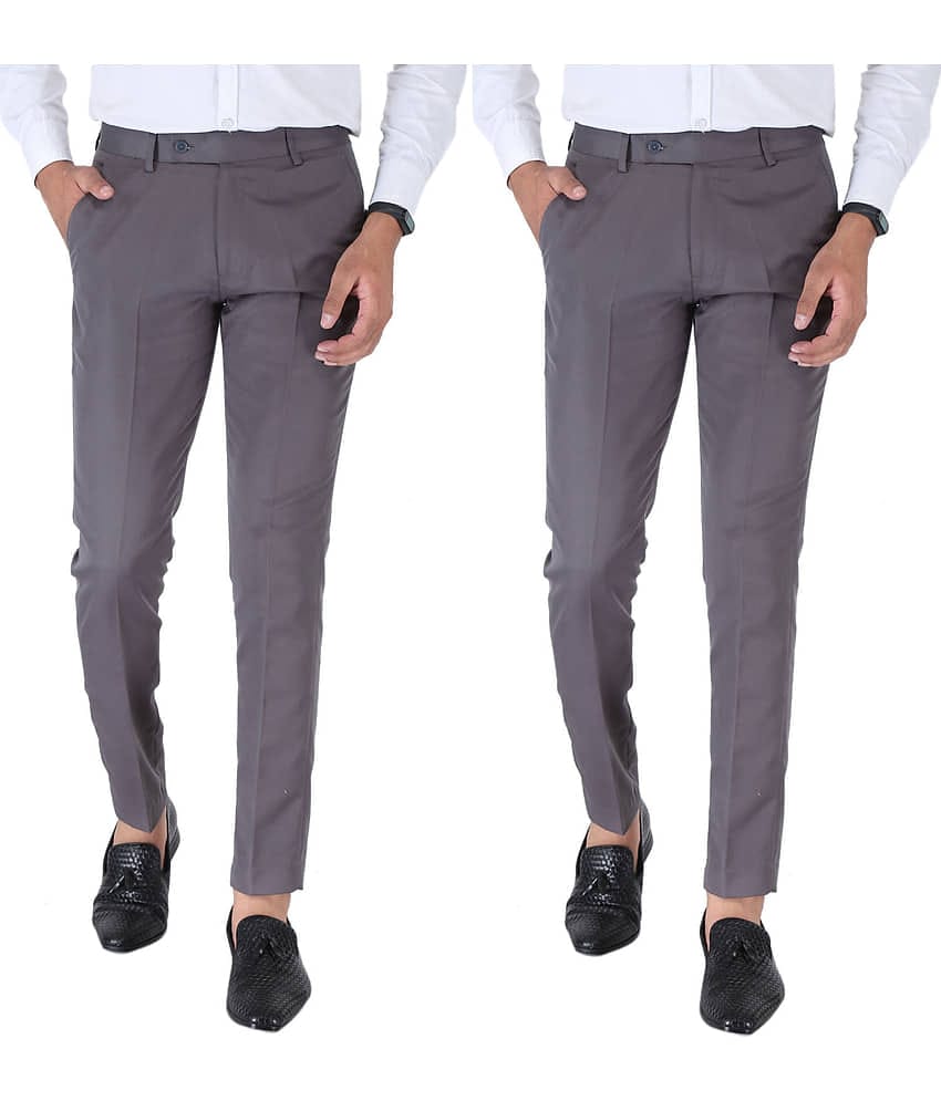 SREY Grey Slim -Fit Flat Trousers Pack of 2