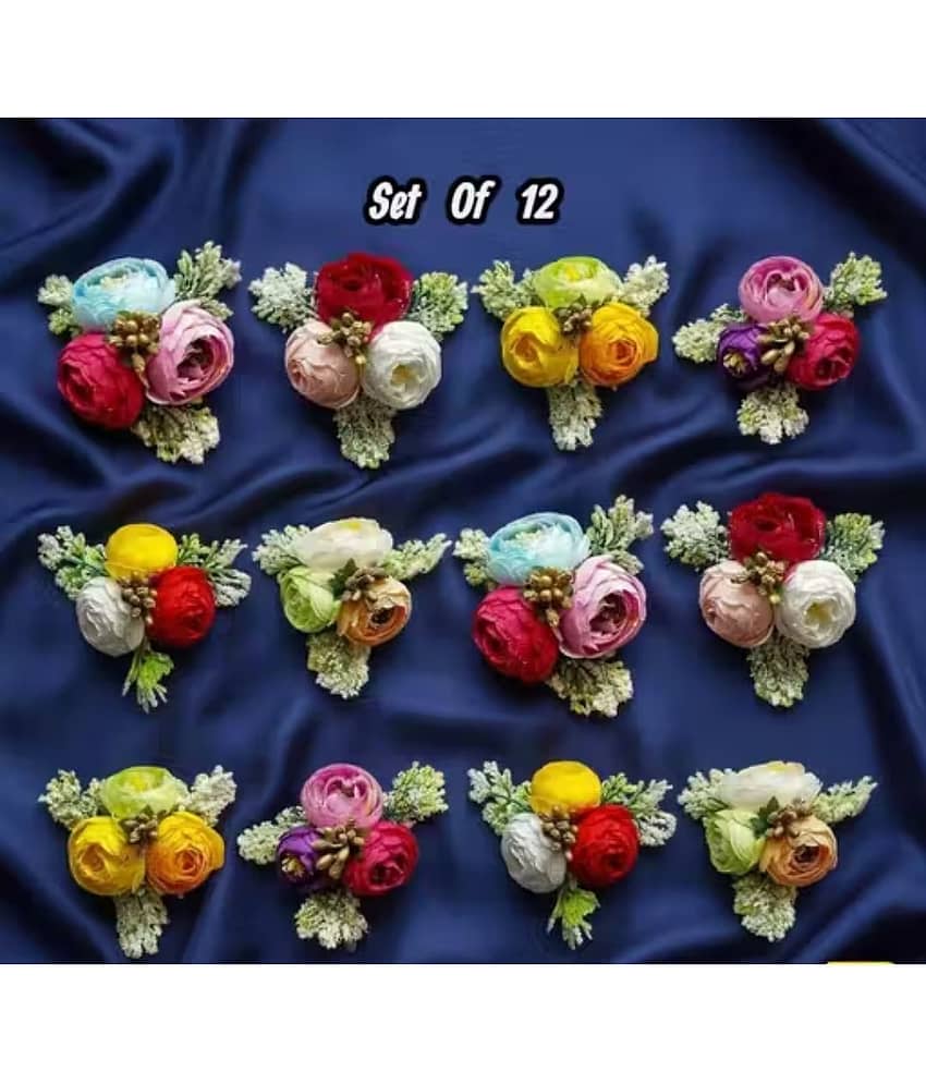 THRIFTKART-12 Pcs Artifical Flower Stylish Brooches multicolor rose-style flowers with decorative leaves and buds