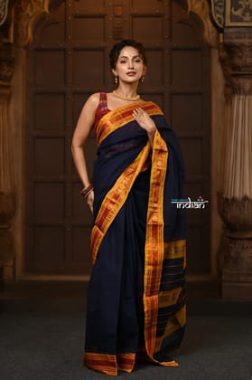 Parampara ~ Pure Cotton Saree in Regal Dark Blue with Zari Border & Pallu
