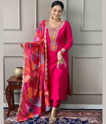 Trijal Fab Women Cotton Blend Embroidered Straight Kurti With Pants ( Pink )