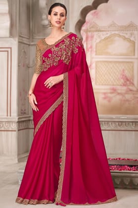 Cherry Pink Embroidered Satin Silk Saree