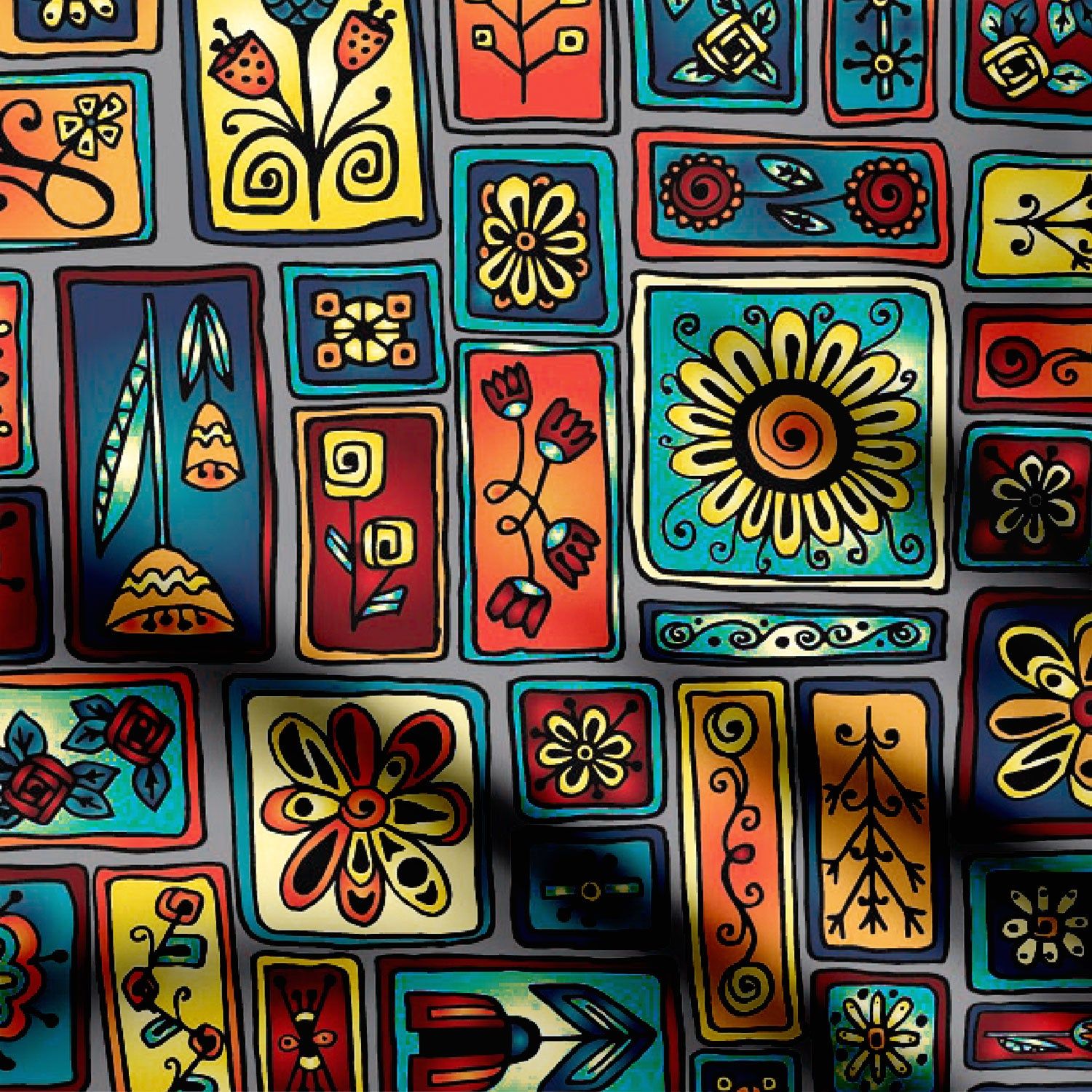geometric with flowers Print Fabric-Cotton