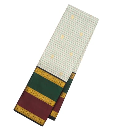 Off White Handloom Kanchipuram Korvai Silk Saree With Checks & Buttas-Off White