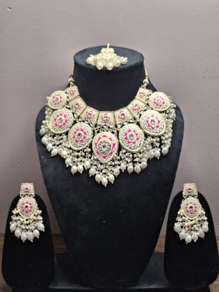 Pink & White colour Silver Plated MeenaKari Necklace with Earring & Maang Tikka-One Size