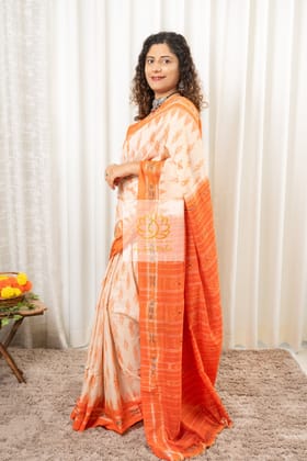Odisha Ikkat Khandua Cotton Saree- Beige-Orange