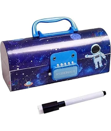 DENFE  Plastic Pen Pencil Box Suitcase Style Password Lock Pencil Case Multi-Layer Pencil Box Stationary Organizer Case for Boys Girls Kids (Astronaut-Blue)