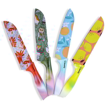 Jenefy Ultra Sharp Knife with prints of protective sheath Chef Knife Japanese Santoku Knife with Non stick coating NonSlip Ergonomic Handle & Blade Cover High Stainless Steel Pack of multicolor Combo
