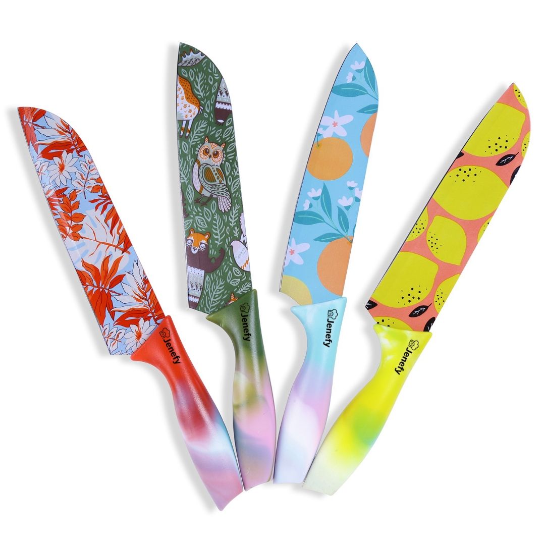 Jenefy Ultra Sharp Knife with prints of protective sheath Chef Knife Japanese Santoku Knife with Non stick coating NonSlip Ergonomic Handle & Blade Cover High Stainless Steel Pack of multicolor Combo