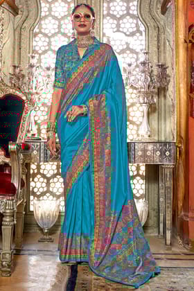 Blue Printed Viscose Silk Saree