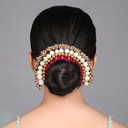Rani Color Flower Gajra For Women Hair Pin (HRP225RNI)-Length: 20.00 CM x Width: 5.00 CM / Gold / Alloy