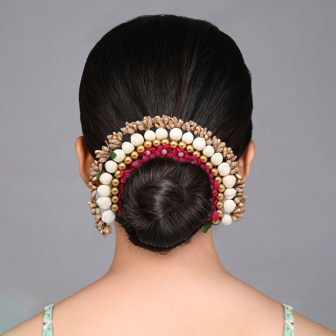 Rani Color Flower Gajra For Women Hair Pin (HRP225RNI)-Length: 20.00 CM x Width: 5.00 CM / Gold / Alloy