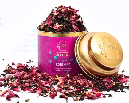 Oh Cha Rose Tea with Mint | Herbal Tea for Weight Loss| Natural Rose Petals and Peppermint Leaves | Low Caffeine Herbal Rose Petal Tea for Healthy Skin & Hair | 100% Whole Leaf Tea, 35 gm