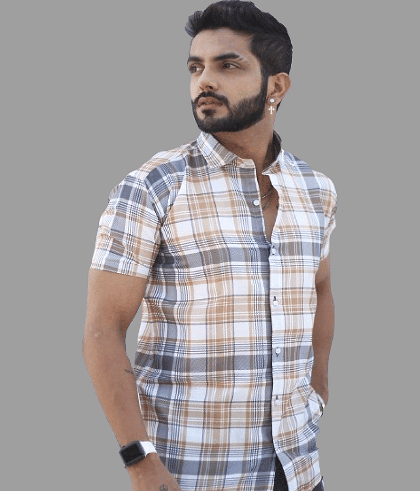HARPITA Cotton Blend Regular Fit Checks 3/4th Sleeves Men's Casual Shirt - Beige ( Pack of 1 )