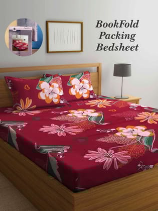 Bookfold Red & Pink Floral Printed 300 TC King Bedsheet & 2 Pillow Covers