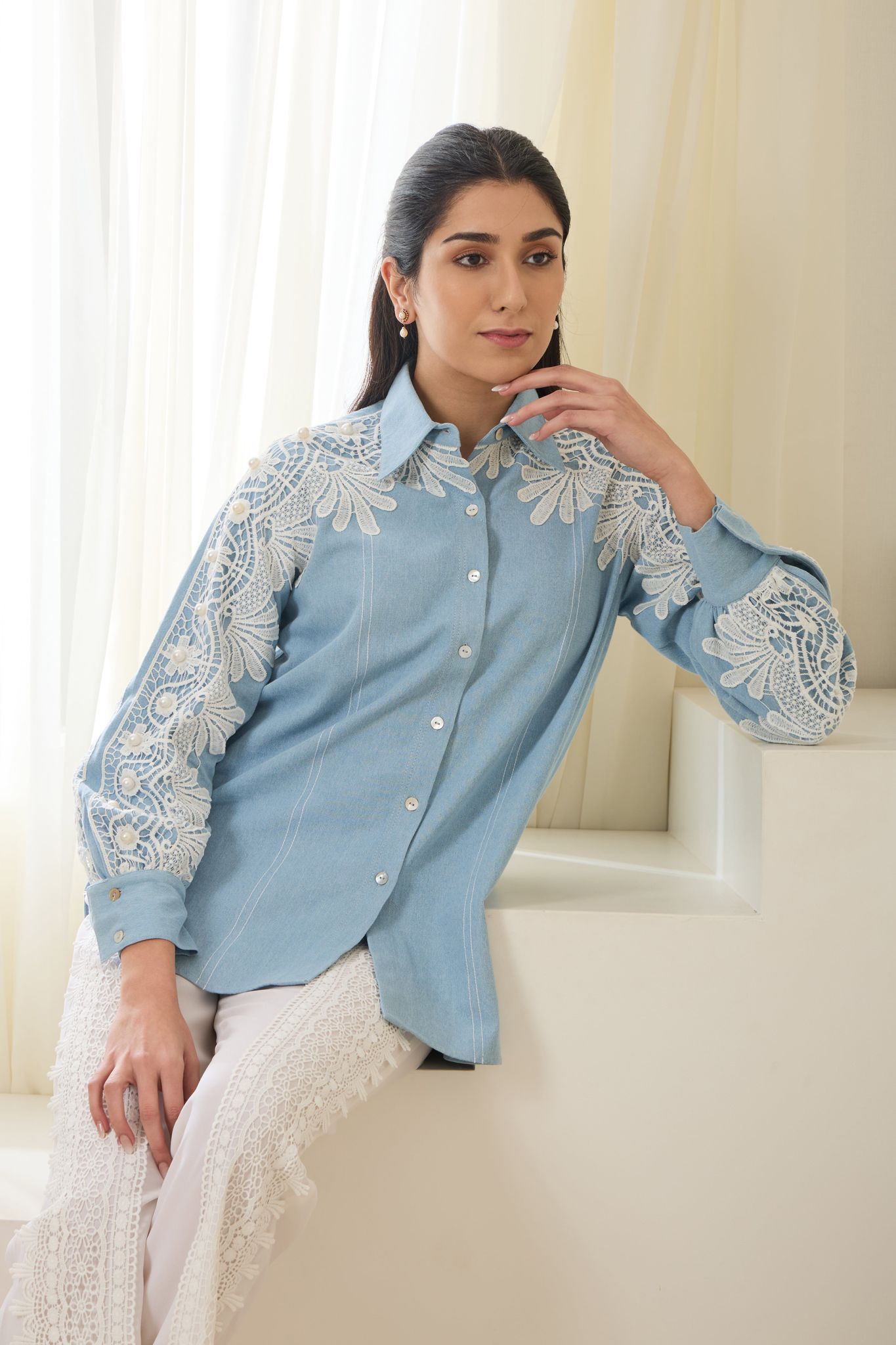 DREAM LACE DENIM SHIRT-Light Blue / Denim / XXS