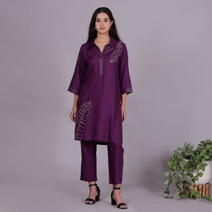 Purple Embroidered Viscose cotton co-ord set-XS