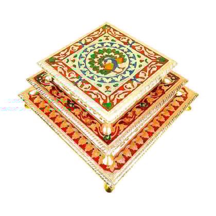 Minakari Pooja Chowki | Wooden Bajot Set - For Pooja & Festivals - Set of 3 (8 Inch, 10 Inch, 12 Inch)-Design 1