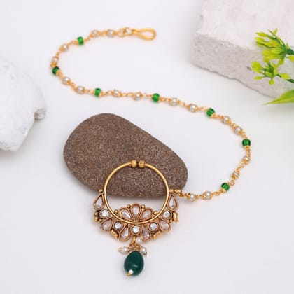 Green Color Nose Nath (NTH351GRN)-Length: 21.00 CM x Width: 0.30 CM / Maroon / Alloy With Good Quality Gold Plated