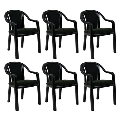Supreme Furniture Ornate Plastic Cushion Chair with-Arm Suitable for Home, Garden, Office, Living Room, Cafeteria, Restaurant, Hotel, Resort and Indoor(Set of 6, Black-Green)