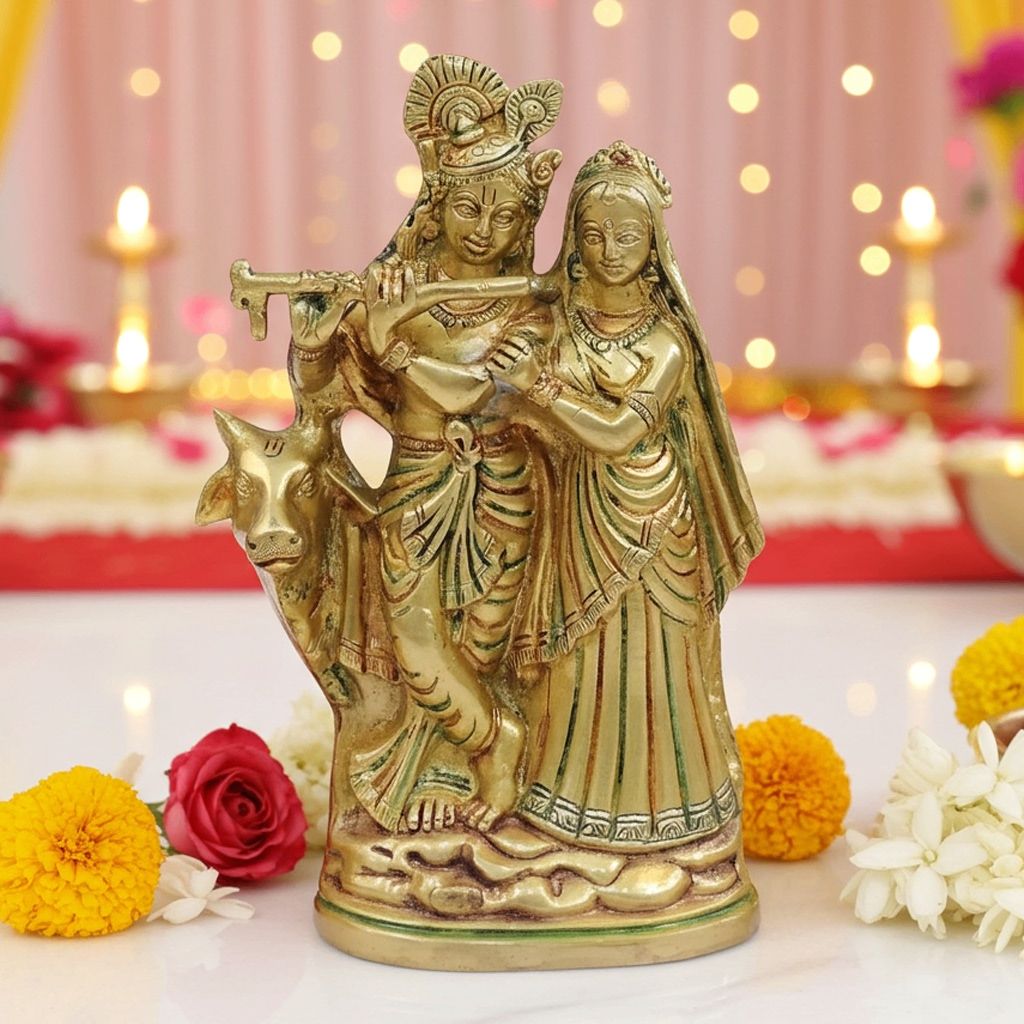 Brass Radha Krishna With Cow Idol - Divine Brass Statue, Height : 8.5 Inch (BSMAS1275 G)