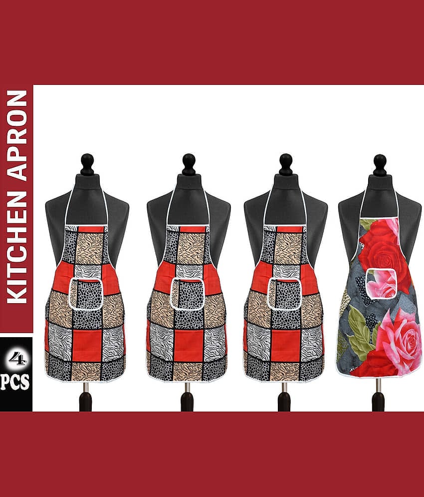 Aazeem Cotton Blend Printed Kitchen Apron with 1 Center Pocket ( Pack of 4 )