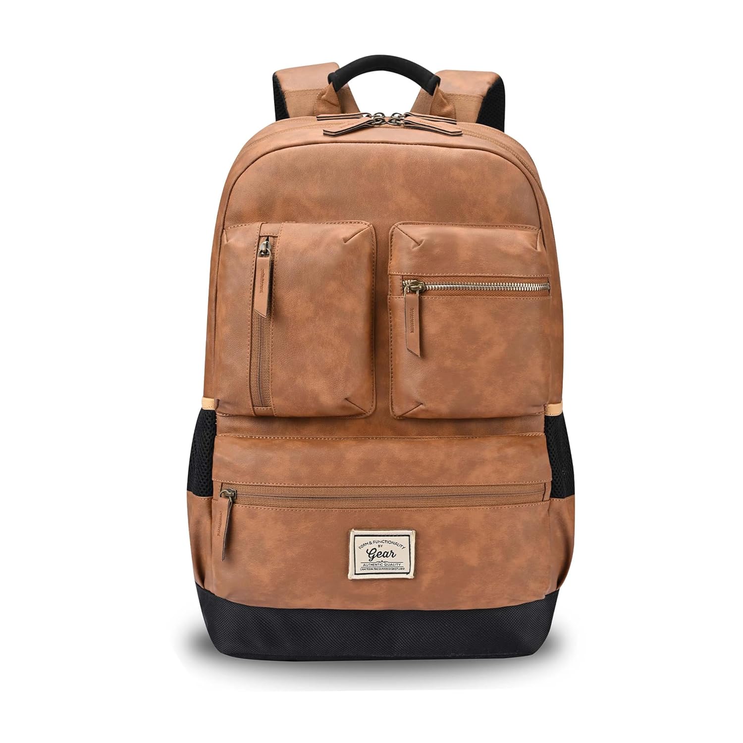 Vintage Boxy 18"/26L Medium Faux Leather Water Resistant Laptop Backpack/Casual Bag/Daypack/College Backpack/Travel Backpack For Men/Women (Tan - Navy)