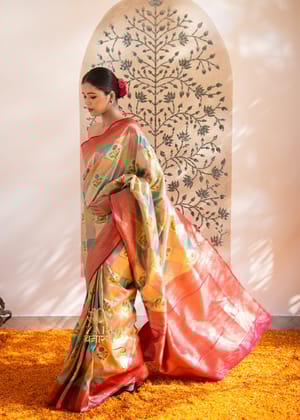 Gitanjali: Banarasi Rangkaat Tissue Saree with Mughal Butas and Contrast Border