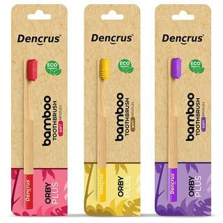 (Pack of 3) DENCRUS Orby Plus Bamboo Toothbrush For Adults (Lavender, Yellow, Red), Natural Soft Bristles, Eco-Friendly
