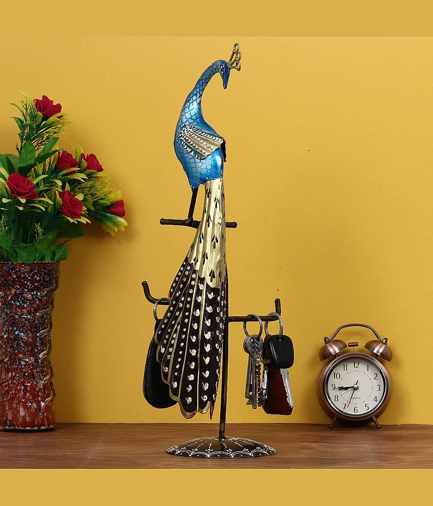 eCraftIndia Blue & Gold-Toned Handcrafted Peacock Key Holder