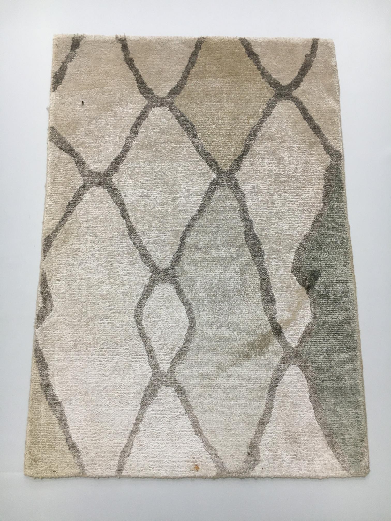 Hand-Knotted Wool & Bamboo Silk Rug 2x3 ft | Modern Geometric Design, Beize Multi