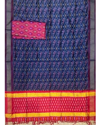 POCHAMPALLY PATTU NAVY BLUE WITH RED COLOR DRESS MATERIALS