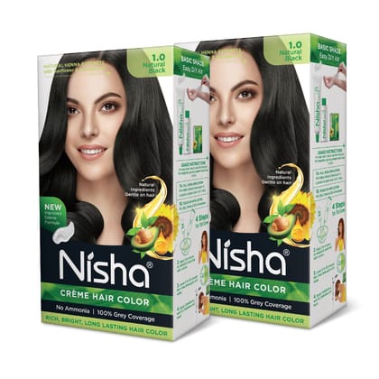 Nisha Creme Hair Color 1.0 Natural Black 120g Pack of 2, Permanent Hair Colour, No Ammonia, 100% Grey Coverage