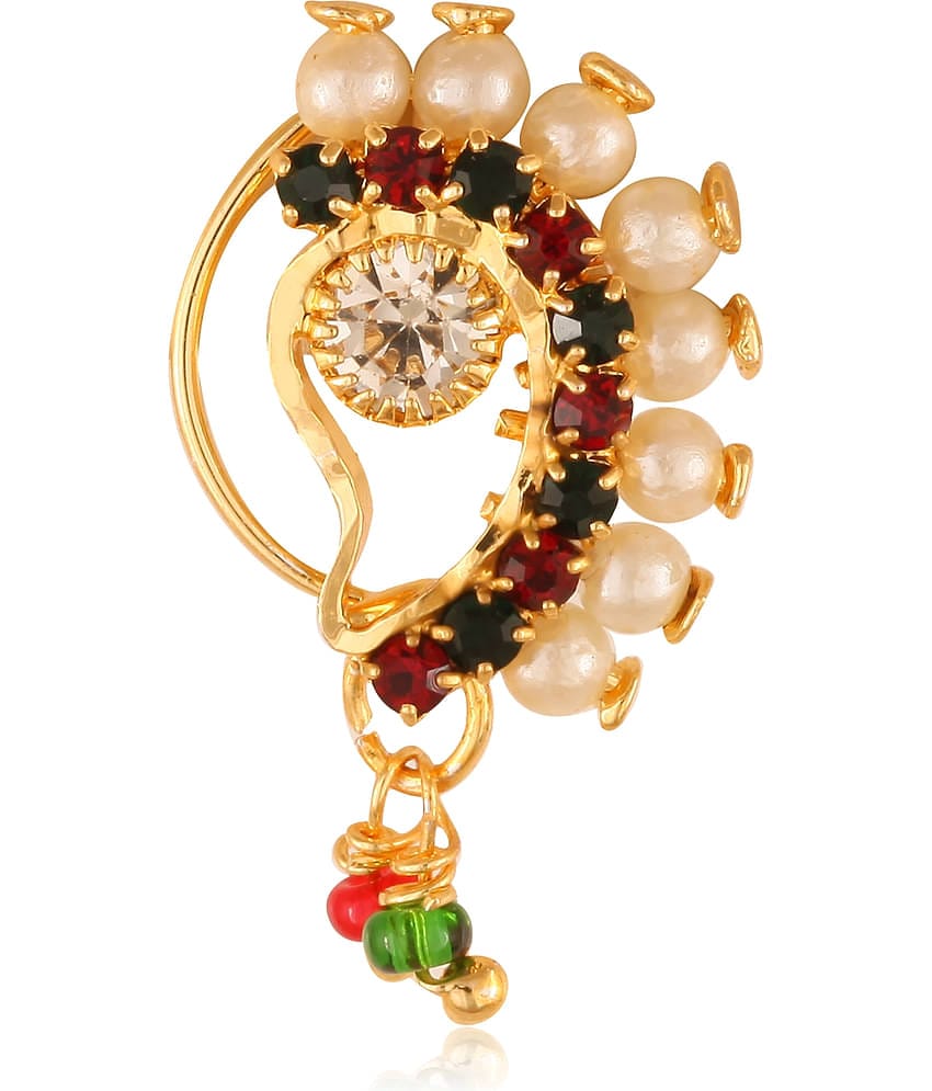 Vighnaharta Gold Plated with Peals Alloy and CZ stone Non Piercing Maharashtrian Nath Nathiya./ Nose Pin for women  {VFJ1099NTH-Press }